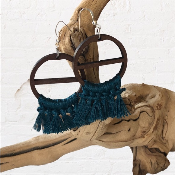 Teal Tassel Earrings | Dark Wood, Cotton & Silver - Picture 2 of 11